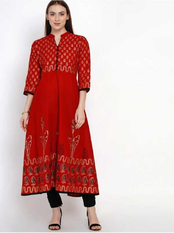 Stylish Fit Women's Golden And Red Anarkali With Ajrakh Hand Block Print - Noz2Toz