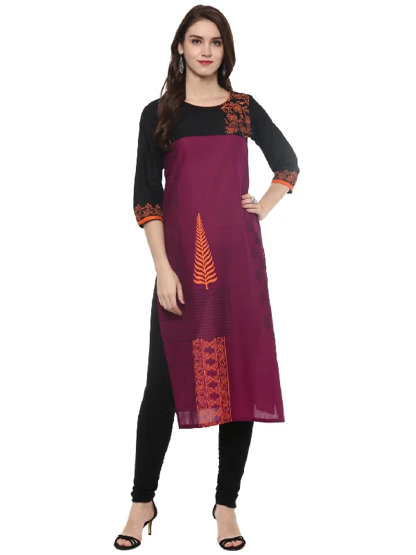 Easy Wear Chic Women's Magenta And Black Ajrakh Hand Block Neon Printed Cotton Straight Kurta - Noz2Toz Easy Wear Chic Women's Magenta And Black Ajrakh Hand Block Neon Printed Cotton Straight Kurta - Noz2Toz