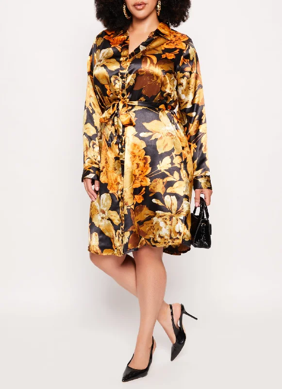 Relaxed Fashion Plus Size Satin Floral Print Shirt Dress
