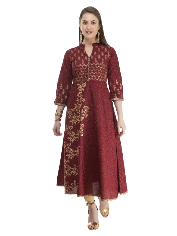 Cozy Fitting Women's Maroon Festive Ajrakh Hand Block Cotton Printed Anarkali - Noz2Toz Cozy Fitting Women's Maroon Festive Ajrakh Hand Block Cotton Printed Anarkali - Noz2Toz