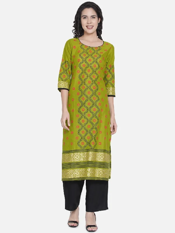Cozy Footwear Women's Turtle Green Ajrakh Hand Block Cotton Printed Straight Kurta - Noz2Toz Cozy Footwear Women's Turtle Green Ajrakh Hand Block Cotton Printed Straight Kurta - Noz2Toz