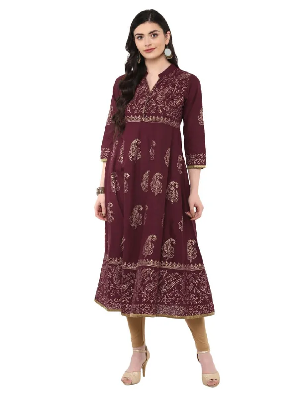 Comfortable Lifestyle Women's Violet And Golden Ajrakh Hand Block Cotton Printed Anarkali - Noz2Toz Comfortable Lifestyle Women's Violet And Golden Ajrakh Hand Block Cotton Printed Anarkali - Noz2Toz