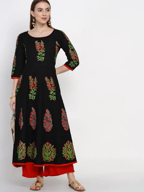 Comfortable Chic Women's Colorful Black Cotton Printed Anarkali With Ajrakh Hand Block Print - Noz2Toz Comfortable Chic Women's Colorful Black Cotton Printed Anarkali With Ajrakh Hand Block Print - Noz2Toz