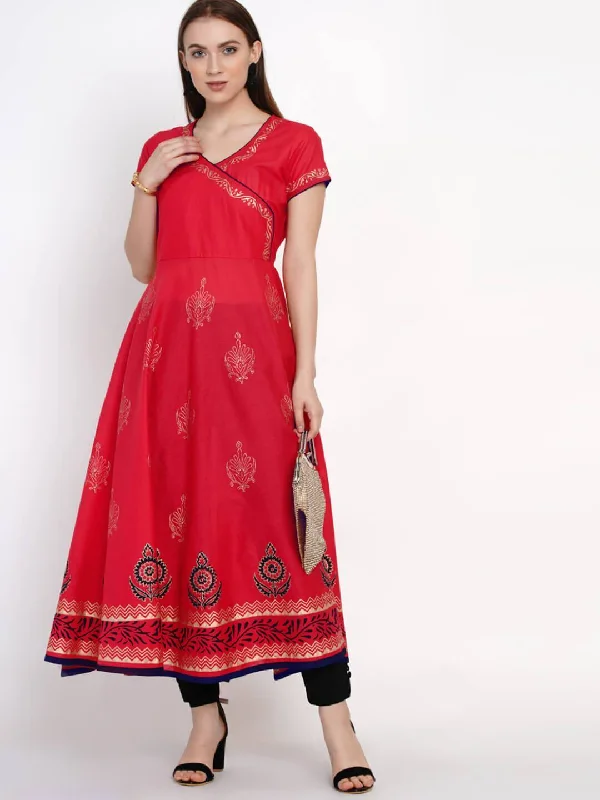 Cozy Essentials Wear Women's Coral Red Overlap Ajrakh Hand Block Cotton Printed Anarkali - Noz2Toz Cozy Essentials Wear Women's Coral Red Overlap Ajrakh Hand Block Cotton Printed Anarkali - Noz2Toz