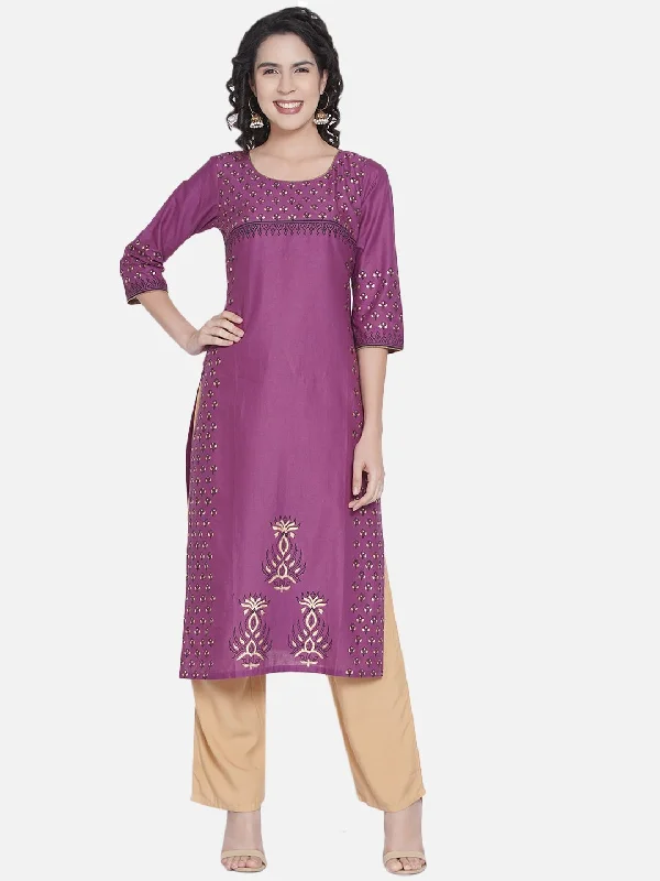 Cozy Fashion Women's Panel Illusion Mauve Cotton Kurta With Ajrakh Hand Block Print - Noz2Toz Cozy Fashion Women's Panel Illusion Mauve Cotton Kurta With Ajrakh Hand Block Print - Noz2Toz