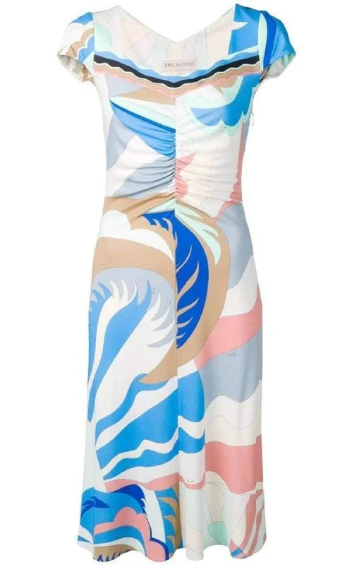 Trendy Looks Blue Acapulco Print Gathered Silk Blend Dress