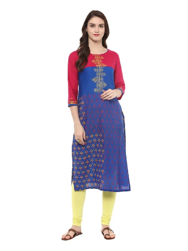 Comfortable Sweaters Women's Indigo Blue Ajrakh Hand Block Cotton Printed Straight Kurta With Contrast Prints - Noz2Toz