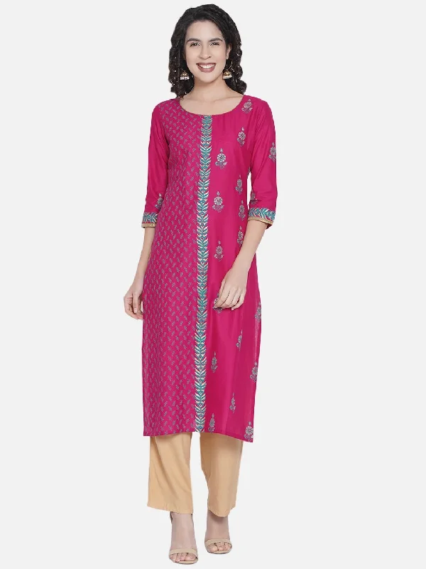 Trendy Dresses Women's Pink Floral Print Ajrakh Hand Block Cotton Printed Straight Kurta - Noz2Toz