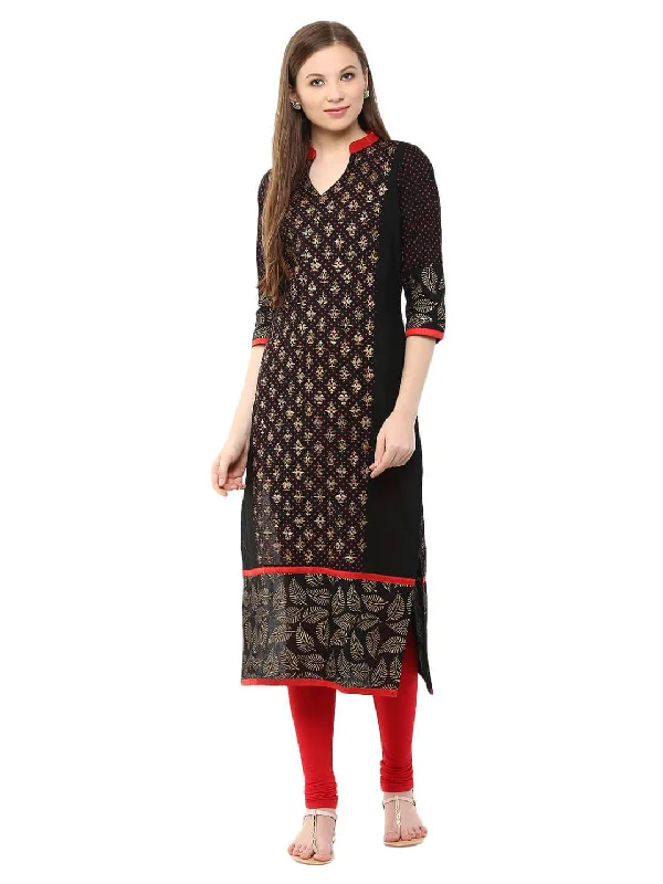 Weekend Comfort Women's Black And Golden Ajrakh Hand Block Cotton Printed Straight Kurta - Noz2Toz Weekend Comfort Women's Black And Golden Ajrakh Hand Block Cotton Printed Straight Kurta - Noz2Toz