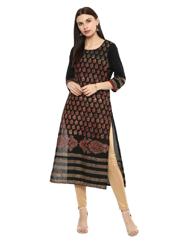Weekend Comfort Wear Women's Black Ajrakh Hand Block Cotton Printed Straight Kurta With Overall Print - Noz2Toz Weekend Comfort Wear Women's Black Ajrakh Hand Block Cotton Printed Straight Kurta With Overall Print - Noz2Toz