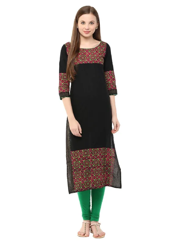 Soft Layers Women's Black Ajrakh Hand Block Printed Cotton Straight Kurta - Noz2Toz