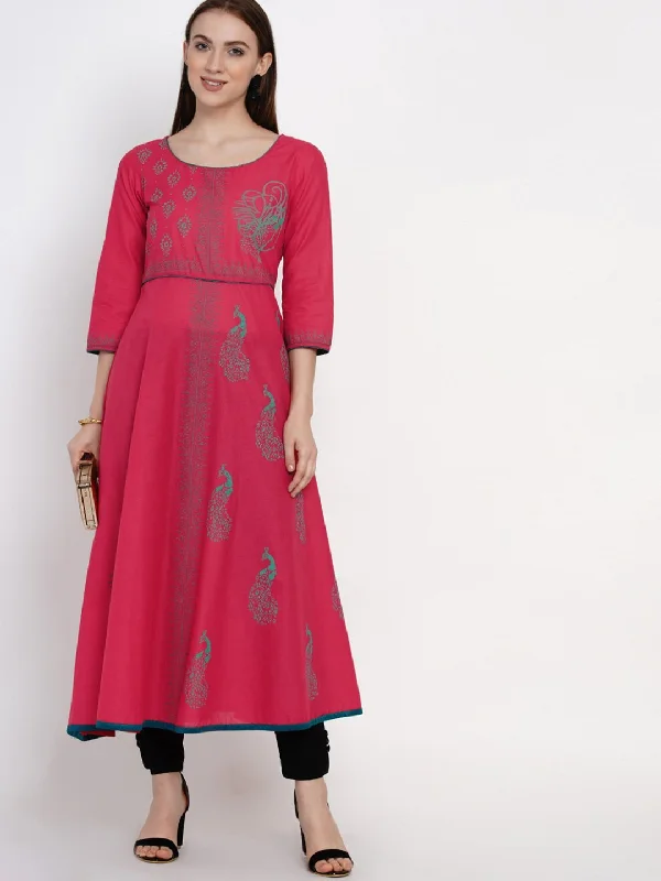 Casual Ease Women's Pink Minimal Ajrakh Hand Block Cotton Printed Anarkali - Noz2Toz