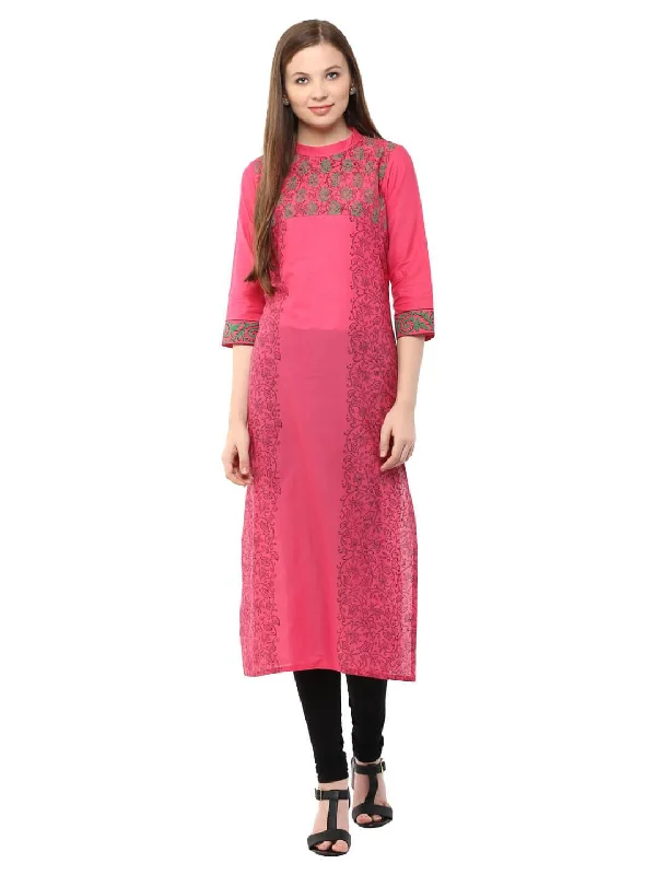 Simple Comfort Women's Pink Floral Ajrakh Hand Block Cotton Printed Straight Kurta - Noz2Toz Simple Comfort Women's Pink Floral Ajrakh Hand Block Cotton Printed Straight Kurta - Noz2Toz
