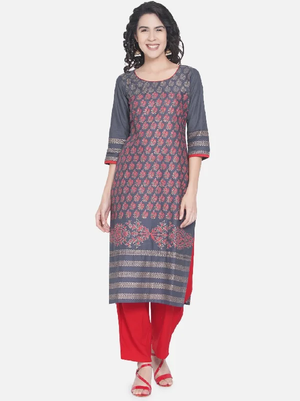 Effortless Outfits Women's Grey Ajrakh Hand Block Cotton Printed Straight Kurta - Noz2Toz