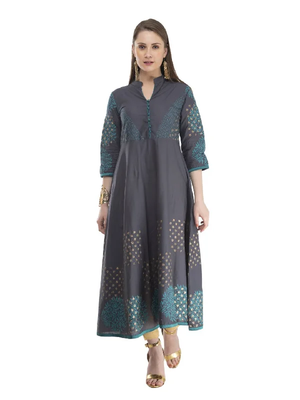 Effortless Looks Women's Grey Cotton Anarkali With Subtle Ajrakh Hand Block Print - Noz2Toz Effortless Looks Women's Grey Cotton Anarkali With Subtle Ajrakh Hand Block Print - Noz2Toz