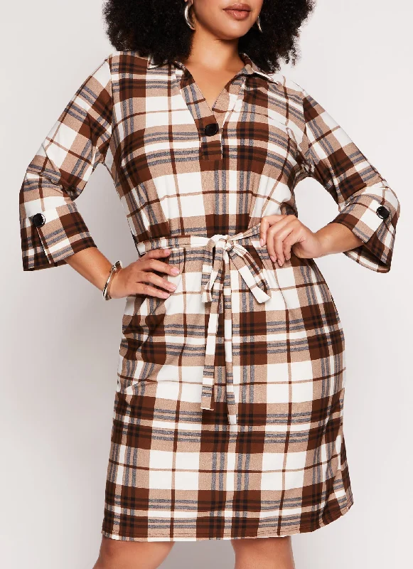 Light Dressing Plus Size Crepe Knit Plaid Shirt Dress