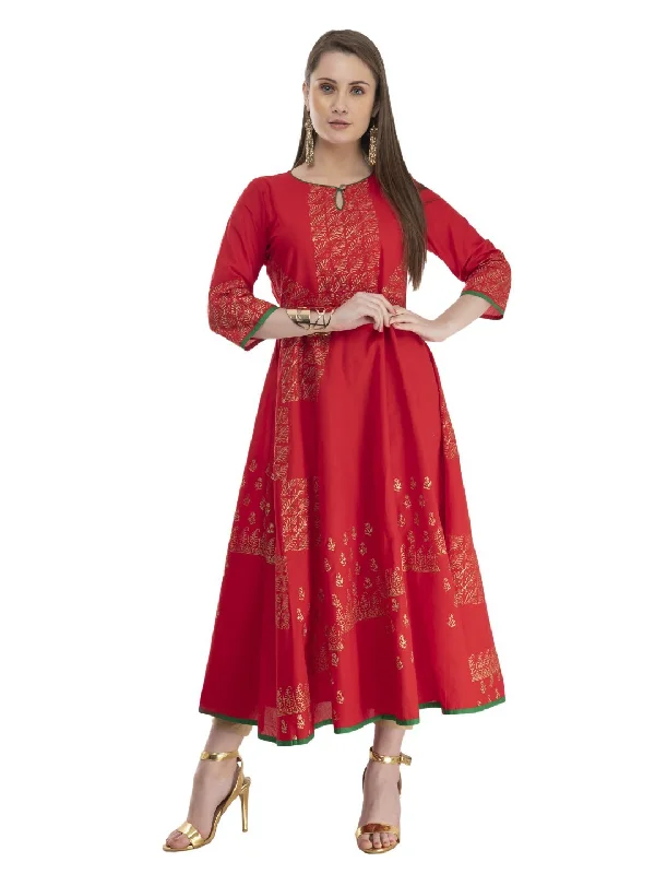 Light Dressing Women's Minimal Red Cotton Anarkali With Ajrakh Hand Block Print - Noz2Toz Light Dressing Women's Minimal Red Cotton Anarkali With Ajrakh Hand Block Print - Noz2Toz