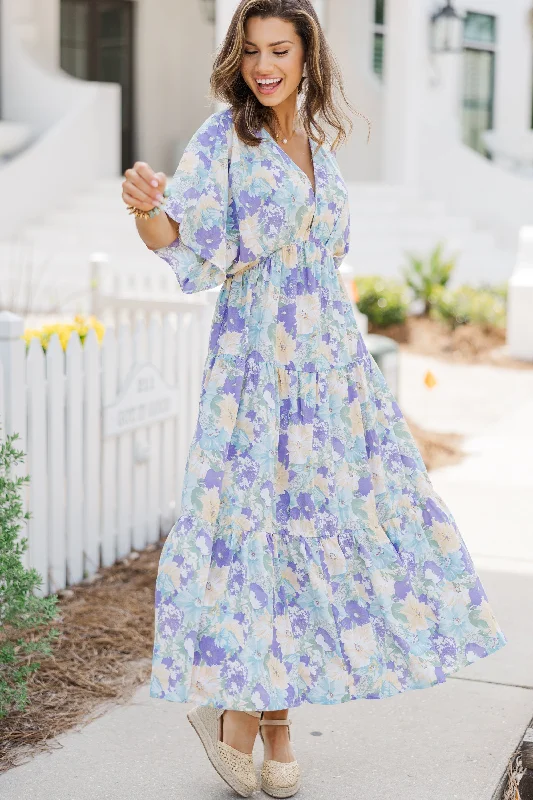 Weekend Comfort At This Time Light Blue Floral Midi Dress