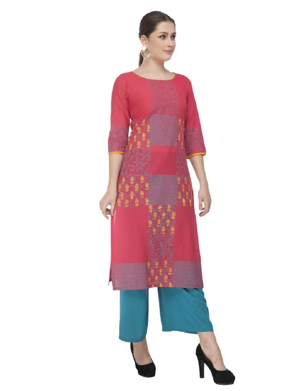 Soft Feel Women's Pink & Turquoise Festive Ajrakh Hand Block Cotton Printed Straight Kurta  - Noz2Toz