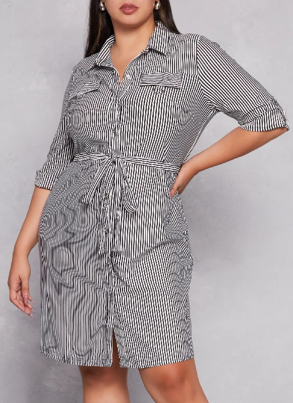 Comfortable Fitwear Plus Size Striped Button Front Belted Shirt Dress