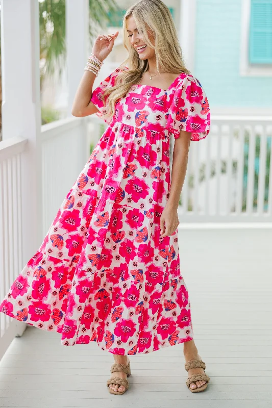 Comfy Dress Answer The Call Hot Pink Floral Midi Dress