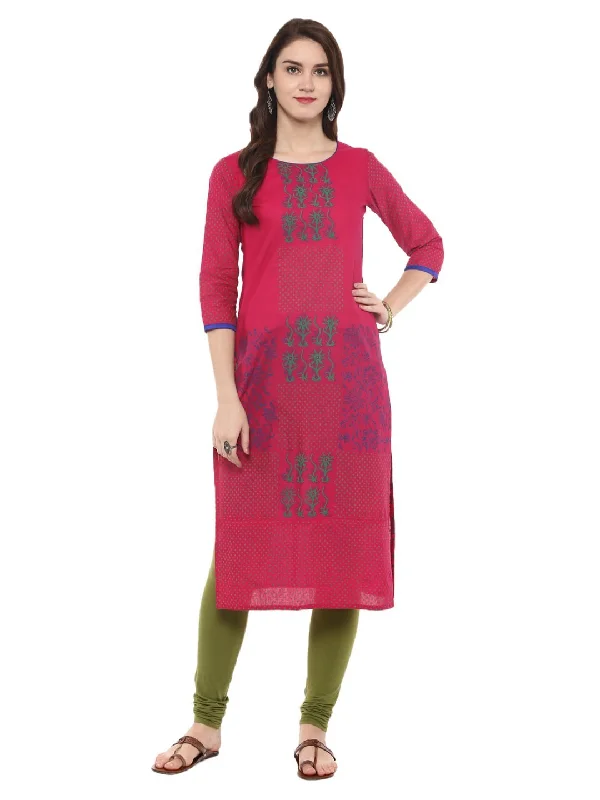 Relaxed Looks Women's Pink Ajrakh Hand Block Cotton Printed Straight Kurta With Turquoise Floral Prints - Noz2Toz Relaxed Looks Women's Pink Ajrakh Hand Block Cotton Printed Straight Kurta With Turquoise Floral Prints - Noz2Toz