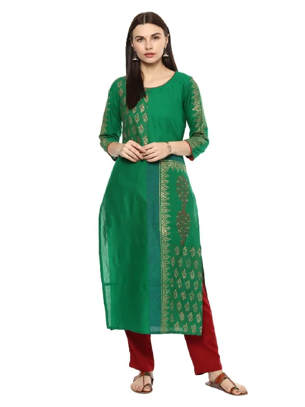 Comfy Chic Wear Women's Green Ajrakh Floral Hand Block Cotton Printed Straight Kurta - Noz2Toz Comfy Chic Wear Women's Green Ajrakh Floral Hand Block Cotton Printed Straight Kurta - Noz2Toz