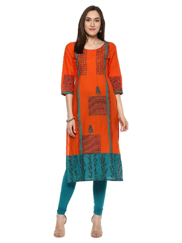Casual Chic Looks Women's Orange & Turquoise Ajrakh Hand Block Cotton Printed Straight Kurta - Noz2Toz Casual Chic Looks Women's Orange & Turquoise Ajrakh Hand Block Cotton Printed Straight Kurta - Noz2Toz