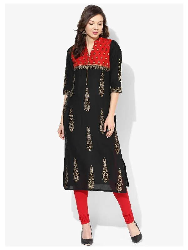 Trendy Dresses Women's Black And Red Ajrakh Paisley Hand Block Cotton Printed Straight Kurta - Noz2Toz Trendy Dresses Women's Black And Red Ajrakh Paisley Hand Block Cotton Printed Straight Kurta - Noz2Toz