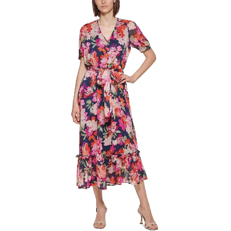 Simple Chic Calvin Klein Womens Floral Ruffled Midi Dress