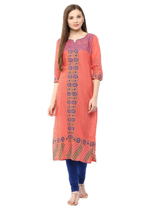 Breathable Style Women's Coral Pink Floral Ajrakh Hand Block Cotton Printed Straight Kurta - Noz2Toz Breathable Style Women's Coral Pink Floral Ajrakh Hand Block Cotton Printed Straight Kurta - Noz2Toz