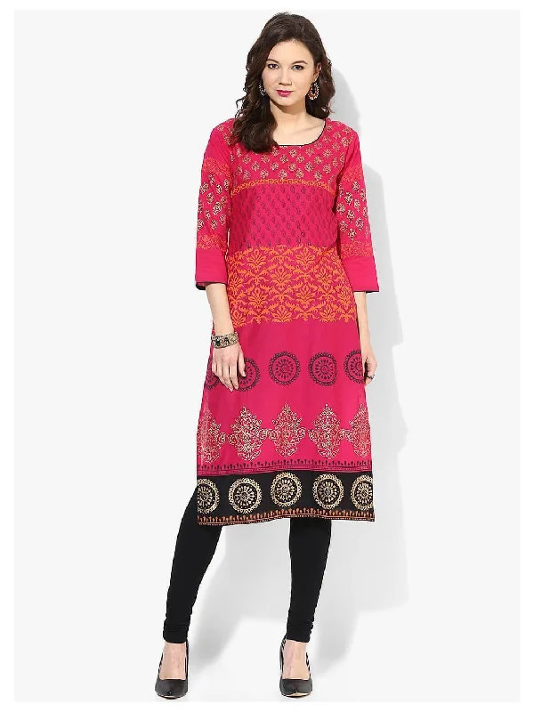 Comfortable Jeans Women's Pink Festive Ajrakh Hand Block Cotton Printed Straight Kurta - Noz2Toz Comfortable Jeans Women's Pink Festive Ajrakh Hand Block Cotton Printed Straight Kurta - Noz2Toz