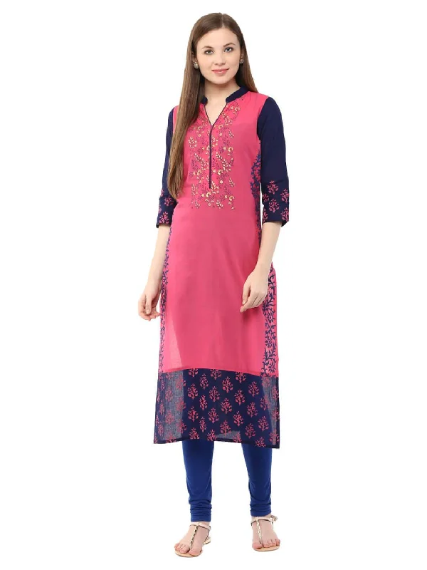 Fashion Comfort Women's Pink & Blue Floral Ajrakh Hand Block Cotton Printed Straight Kurta - Noz2Toz Fashion Comfort Women's Pink & Blue Floral Ajrakh Hand Block Cotton Printed Straight Kurta - Noz2Toz