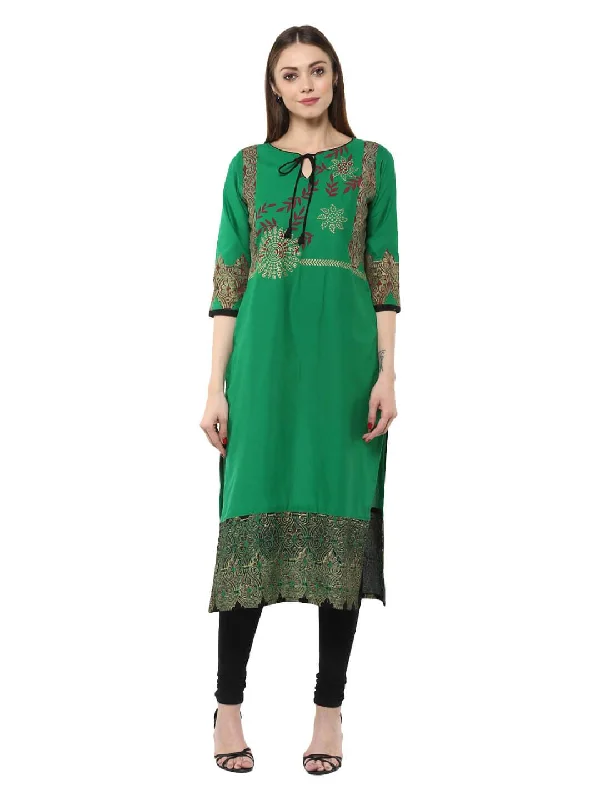 Soft Looks Women's Green Floral Ajrakh Hand Block Cotton Printed Straight Kurta -Bhor - Noz2Toz Soft Looks Women's Green Floral Ajrakh Hand Block Cotton Printed Straight Kurta -Bhor - Noz2Toz