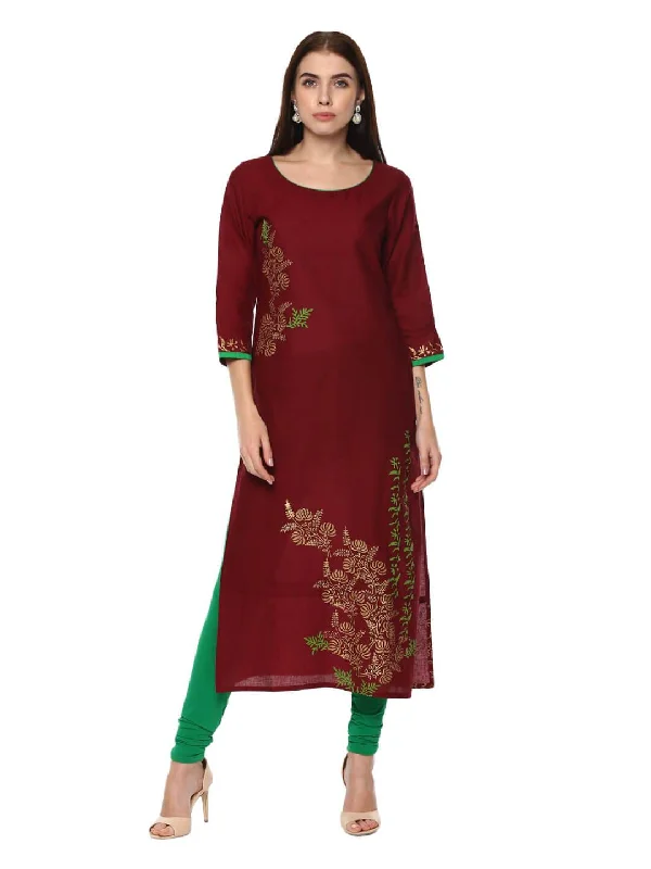 Soft Comfort Wear Women's Modern Maroon Floral Print Ajrakh Hand Block Cotton Printed Straight Kurta - Noz2Toz Soft Comfort Wear Women's Modern Maroon Floral Print Ajrakh Hand Block Cotton Printed Straight Kurta - Noz2Toz
