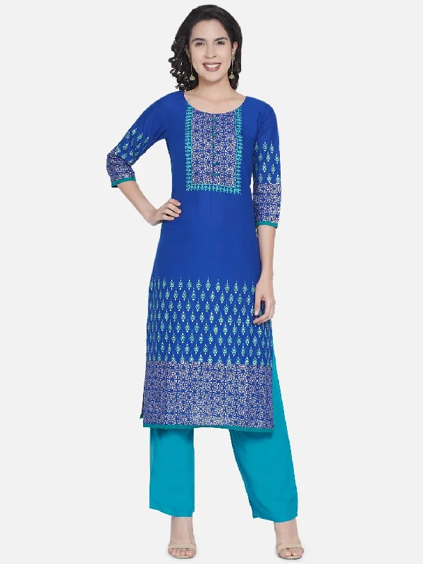 Soft Casuals Women's Blue Ajrakh Hand Block Cotton Printed Straight Kurta - Noz2Toz