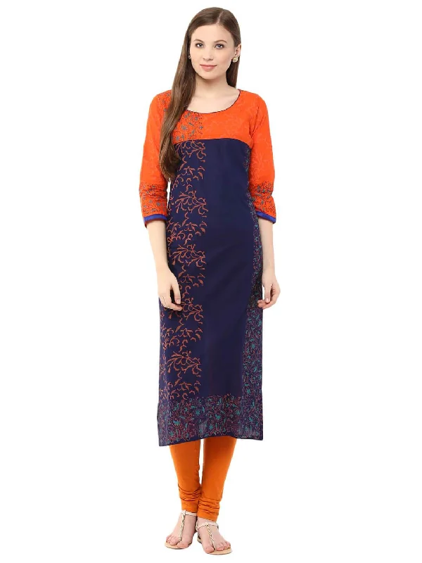 Relaxed Fashion Women's Orange And Blue Floral Ajrakh Hand Block Cotton Printed Straight Kurta - Noz2Toz Relaxed Fashion Women's Orange And Blue Floral Ajrakh Hand Block Cotton Printed Straight Kurta - Noz2Toz