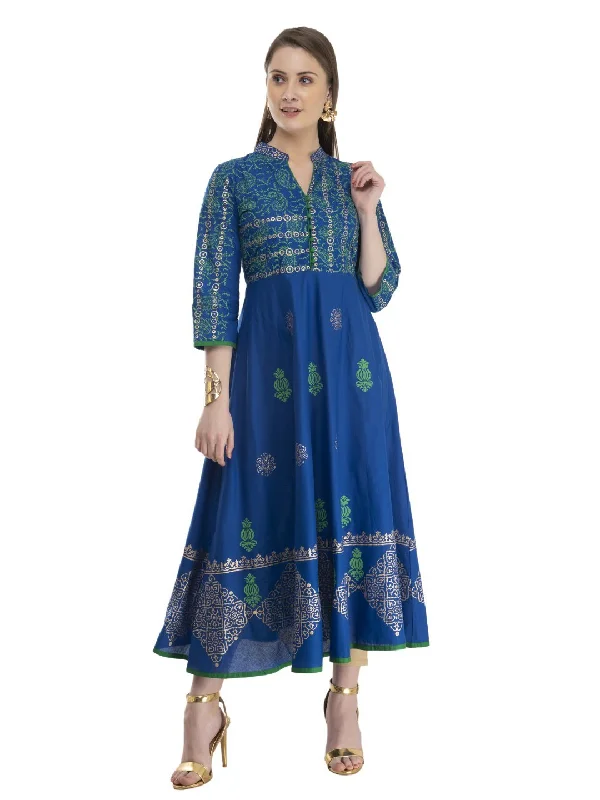 Cozy Essentials Women's Royal Blue Cotton Anarkali With Ajrakh Hand Block Print - Noz2Toz Cozy Essentials Women's Royal Blue Cotton Anarkali With Ajrakh Hand Block Print - Noz2Toz