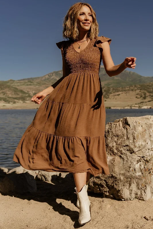 Smart Comfort Wear Brandie Smocked Midi Dress | Brown