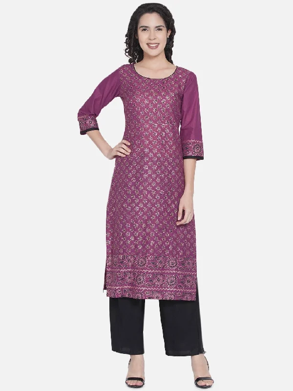 Soft Feel Women's Mauve Ajrakh Hand Block Cotton Printed Straight Kurta - Noz2Toz