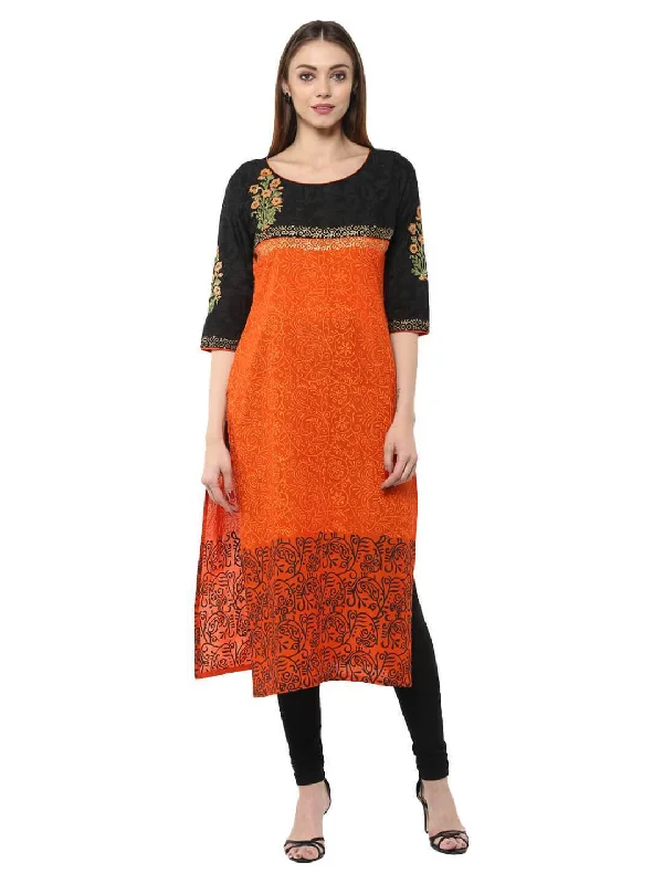 Casual Chic Looks Women's Orange Floral Ajrakh Hand Block Cotton Printed Straight Kurta - Noz2Toz Casual Chic Looks Women's Orange Floral Ajrakh Hand Block Cotton Printed Straight Kurta - Noz2Toz