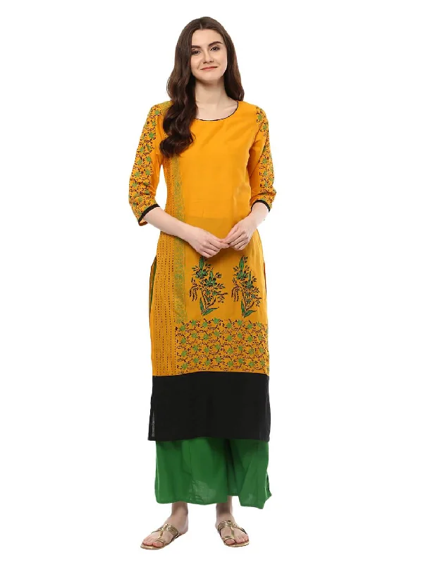 Breezy Outfits Women's Mustard Ajrakh Hand Block Floral Printed Straight Cotton Kurta - Noz2Toz Breezy Outfits Women's Mustard Ajrakh Hand Block Floral Printed Straight Cotton Kurta - Noz2Toz