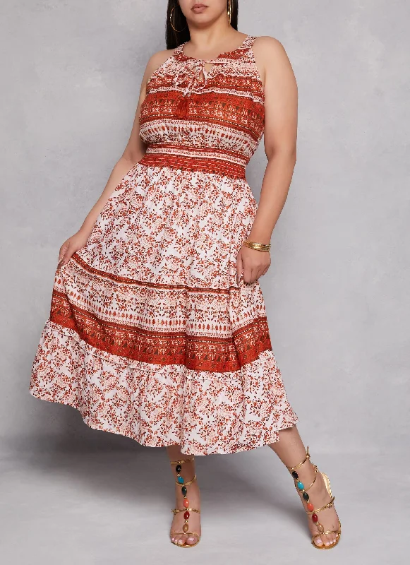 Relaxed Tops Plus Size Boho Border Print Smocked Waist Dress