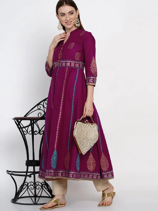Trendy Layers Women's Panel Illusion Mauve Cotton Anarkali With Ajrakh Hand Block Print - Noz2Toz Trendy Layers Women's Panel Illusion Mauve Cotton Anarkali With Ajrakh Hand Block Print - Noz2Toz