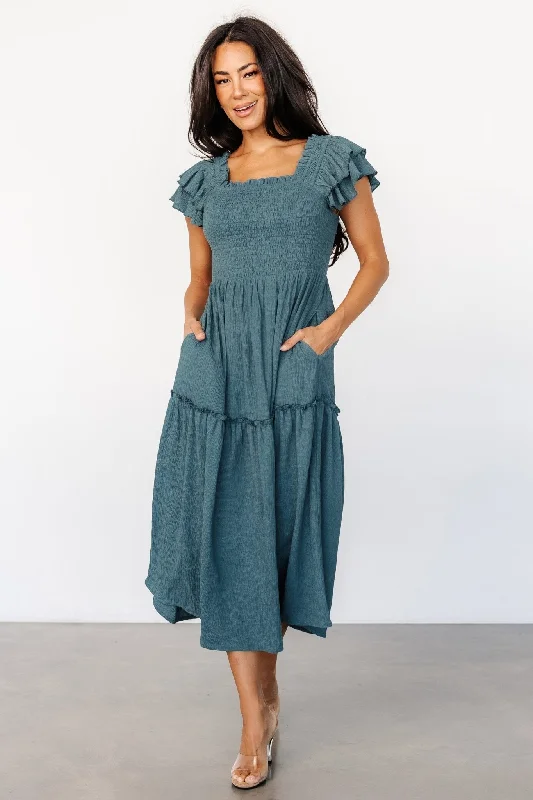 Cozy Outerwear Jacie Smocked Midi Dress | Vintage Teal
