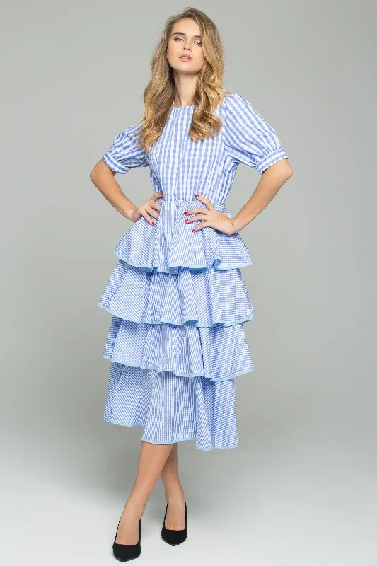 Simple Looks Blue and White Gingham Midi Dress