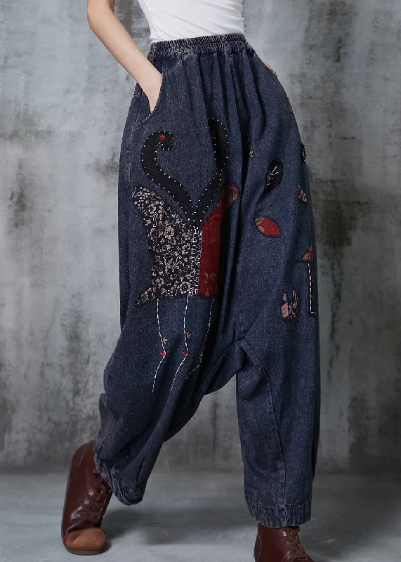 Soft Casuals Italian Navy Embroidered Applique Denim Harem Pants Spring