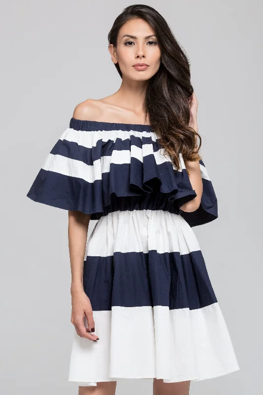Soft Feel Blue Sailor Ruffled Bardot Mini Dress
