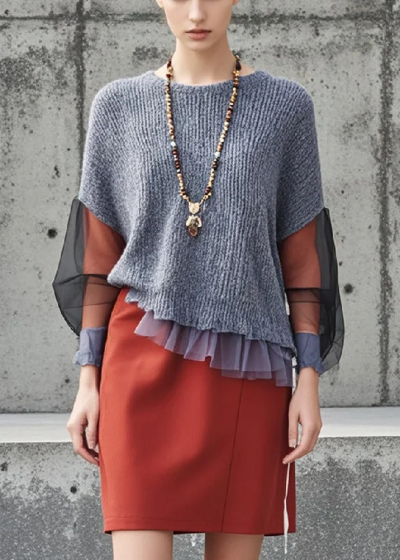 Comfortable Chic Style Grey Asymmetrical Patchwork Tulle Sweaters Fall