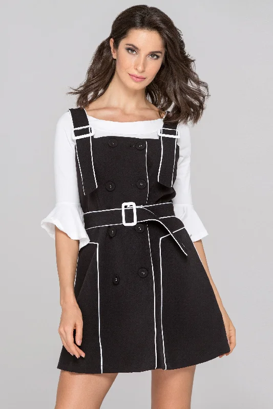 Comfortable Chic Black White Trim Double Button Two Piece Mini Dress